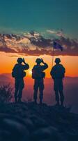 Soldiers salute at sunset while honoring their country with a flag in a mountainous location photo