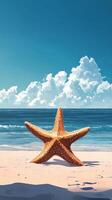 A large starfish rests on the sandy beach with vibrant blue ocean and fluffy white clouds photo