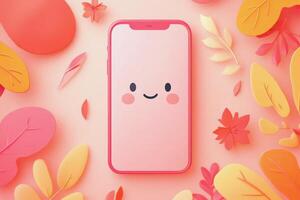 A cheerful smartphone surrounded by colorful autumn leaves on a bright background photo