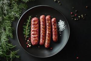 Sliced sausages served on a dark plate with salt and spices creating a gourmet culinary presentation photo