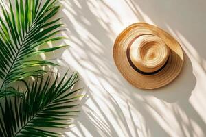 A woven straw hat hanging against a sunny wall with shadows from a palm plant in daylight photo