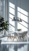 Modern dining area with large windows and stylish lighting featuring a minimalist design photo