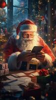 Santa Claus reading letters in his cozy workshop filled with Christmas decorations and gifts photo