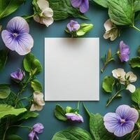Purple flowers and green leaves surround blank textured paper on a neutral backdrop photo