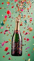 Celebration with bubbling champagne and colorful confetti on a green backdrop in a festive setting photo