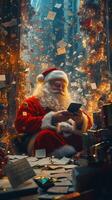 Santa Claus reading letters in his cozy workshop filled with Christmas decorations and gifts photo