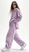 Young woman poses confidently in stylish lavender outfit against a plain backdrop photo