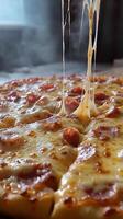 Delicious cheese and pepperoni pizza being pulled apart at a pizzeria during late afternoon photo