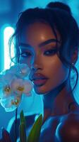 A woman holding an orchid poses elegantly under blue ambient lighting in a modern setting photo