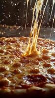 Delicious cheese and pepperoni pizza being pulled apart at a pizzeria during late afternoon photo