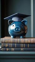 A blue piggy bank wearing a graduation cap sits atop old books in a study setting photo