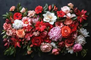 A vibrant arrangement of colorful flowers including roses, lilies, and hydrangeas in various shades photo