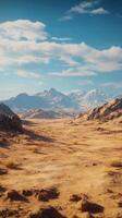 Expansive desert landscape under a bright blue sky with distant mountains on a sunny day photo
