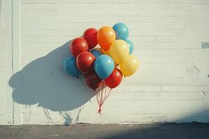Colorful balloons resting against a white wall on a bright sunny day in an urban area photo