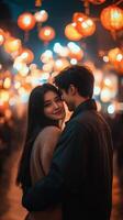 A couple embraces during a vibrant fireworks display in a lively city at night photo