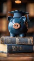 A blue piggy bank wearing a graduation cap sits atop old books in a study setting photo