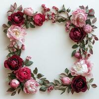 Beautiful arrangement of red and pink flowers with green leaves on a plain background photo