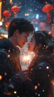 Young couple enjoying a cozy winter evening with sparkler in hand near festive decorations photo