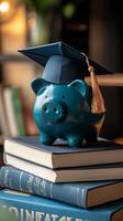 A blue piggy bank wearing a graduation cap sits atop old books in a study setting photo