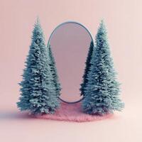 A surreal display featuring two pine trees and an oval mirror on a pink background photo