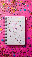 Colorful confetti and decorations surrounding a blank spiral notebook on a pink background photo