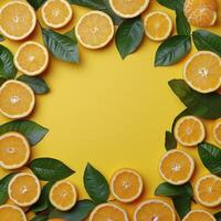 Freshly sliced oranges and leaves arranged on a bright yellow background for a vibrant display photo