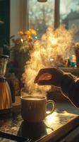 A hand reaching for a steaming cup of coffee on a cozy kitchen table in morning light photo