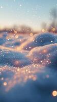 Soft snow blankets the ground amidst twinkling lights at twilight in a serene winter setting photo