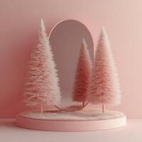 A surreal display featuring two pine trees and an oval mirror on a pink background photo