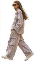 Young woman poses confidently in stylish lavender outfit against a plain backdrop photo