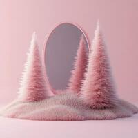 A surreal display featuring two pine trees and an oval mirror on a pink background photo