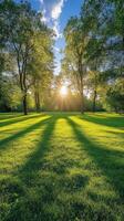 Sunlight streaming through trees in a lush green park during late afternoon photo