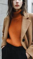 A stylish woman in a warm orange sweater and a beige coat, posing elegantly indoors during autumn photo