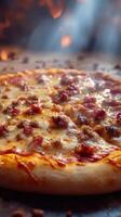 Delicious cheese and pepperoni pizza being pulled apart at a pizzeria during late afternoon photo