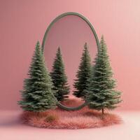 A surreal display featuring two pine trees and an oval mirror on a pink background photo