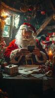 Santa Claus reading letters in his cozy workshop filled with Christmas decorations and gifts photo
