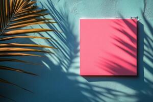 Colorful square canvas against a bright blue wall with palm shadows in a sunny environment photo