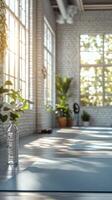 Bright and inviting yoga studio with natural light and plants during a peaceful morning session photo