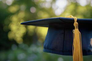 Black graduation cap with yellow tassel displayed indoors highlighting academic achievement photo