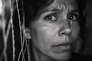 A close up of a distressed woman with tears streaming down her face amid a somber backdrop photo