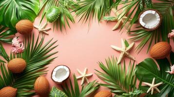 Coconuts and starfish arranged with palm leaves on a pink background during a tropical themed event photo