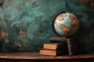 Classic books and globe displayed on a wooden table against a green chalkboard background photo