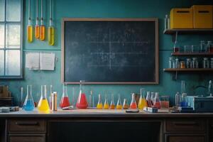 Colorful laboratory flasks arranged on a wooden table in a chemistry lab during daylight hours photo