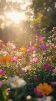 Colorful wildflower garden in spring sunlight showcasing vibrant blooms and lush greenery photo
