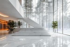 Modern entryway featuring marble stairs and large windows in a forested area photo