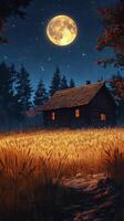 A rustic cabin stands peacefully in a golden wheat field under a bright full moon at night photo