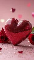 A heart shaped decor with roses and confetti on a pink background photo