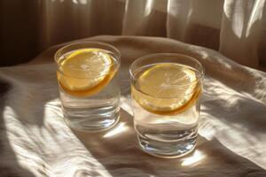 Refreshing lemonade served with lemon slices on a soft fabric surface in afternoon light photo
