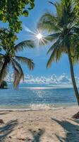 Sunny tropical beach with palm trees and boats under a clear sky in a serene location photo
