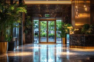 Elegant entrance of a modern building featuring lush plants and polished floors during daylight photo